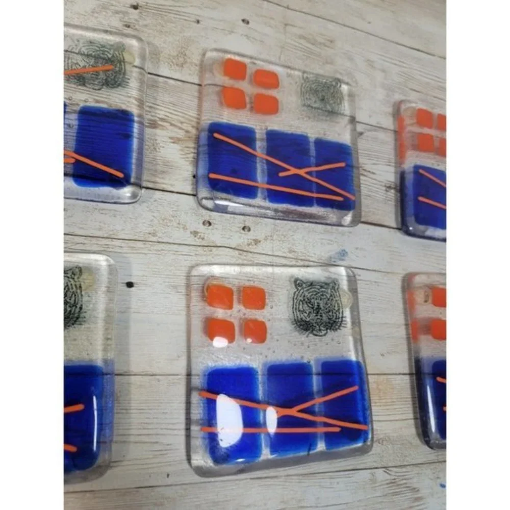 Lot of 7 Art Glass Drink Coasters Orange Blue Geometric‎ Tiger Stamped MCM Pads
